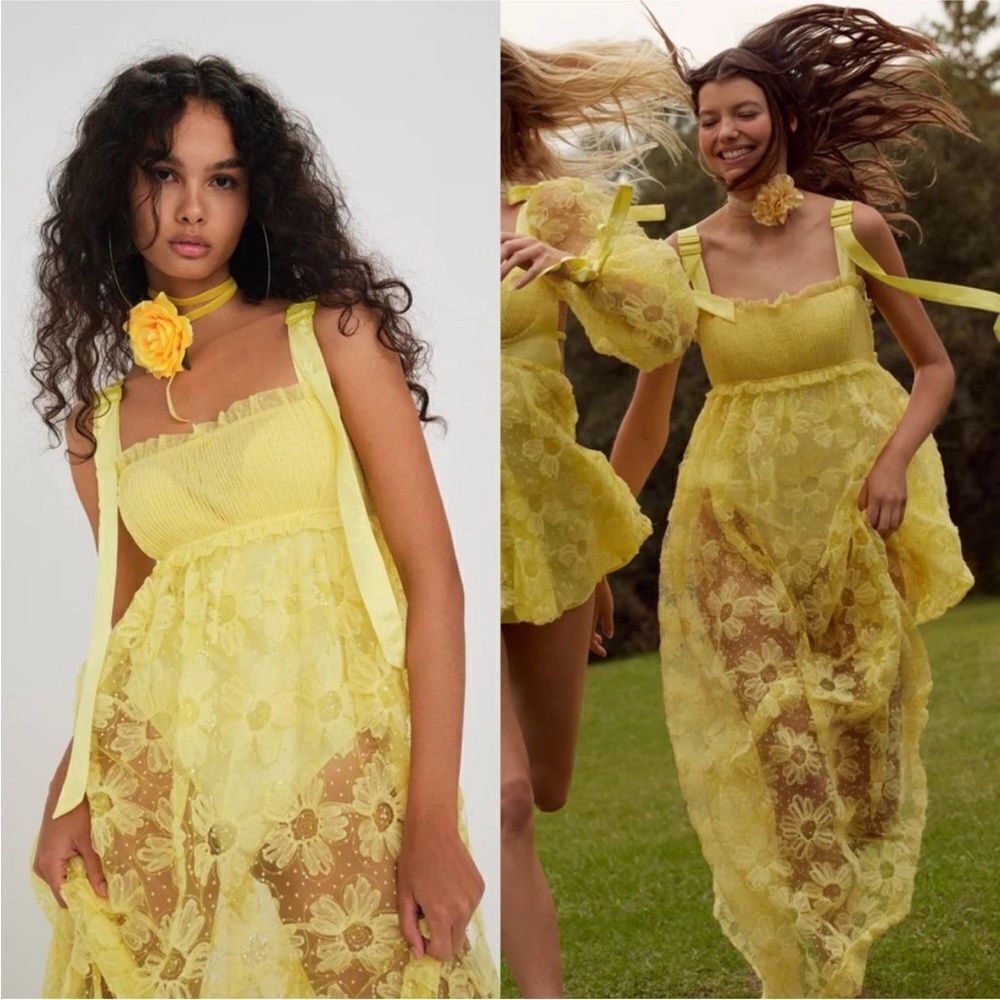 For Love & Lemons Emma Yellow Daisy Floral Sheer Maxi Dress NWT $349